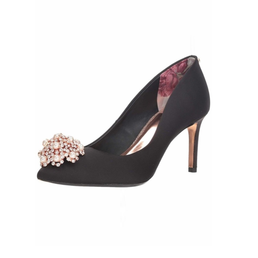 NEW TED BAKER BLACK DAHRLIN CRYSTAL/PEARL BROOCH PUMPS SIZE EU 37.5
